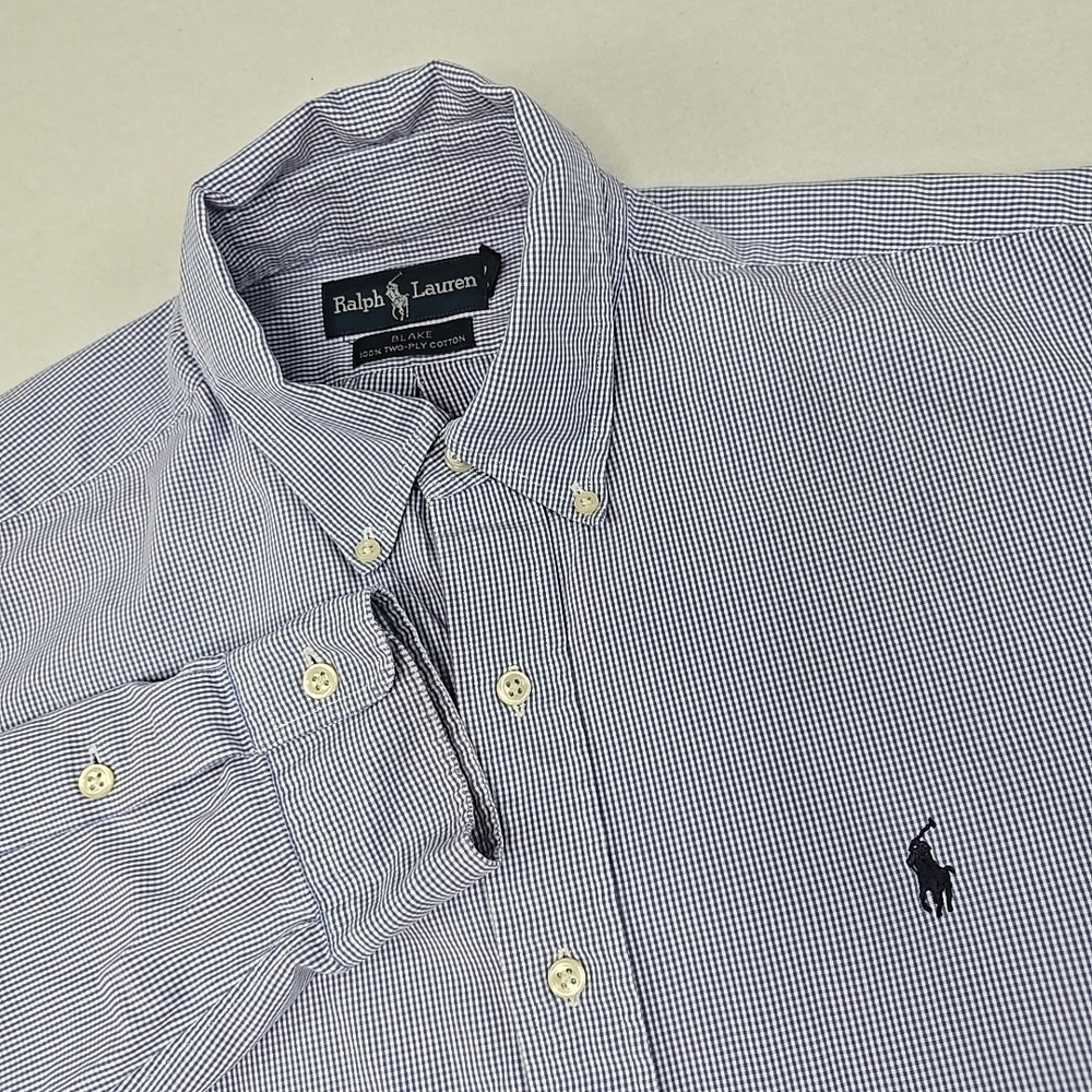 Ralph Lauren Men's Large Cotton Blue Plaid Long‎ Sleeve Button Down Shirt FLAWS